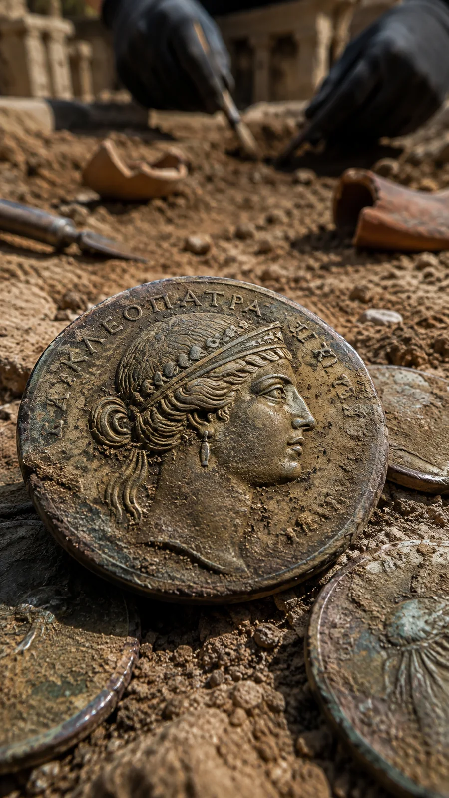 Monedas ptolemaicas con el perfil de Cleopatra VII, recreadas en un contexto arqueológico.